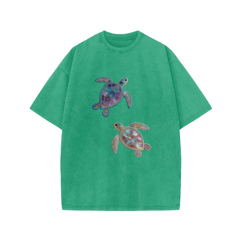 Creative Gemstone Sea Turtle Print Acid Washed T-shirt - Green - US20-22(3XL) - image 6