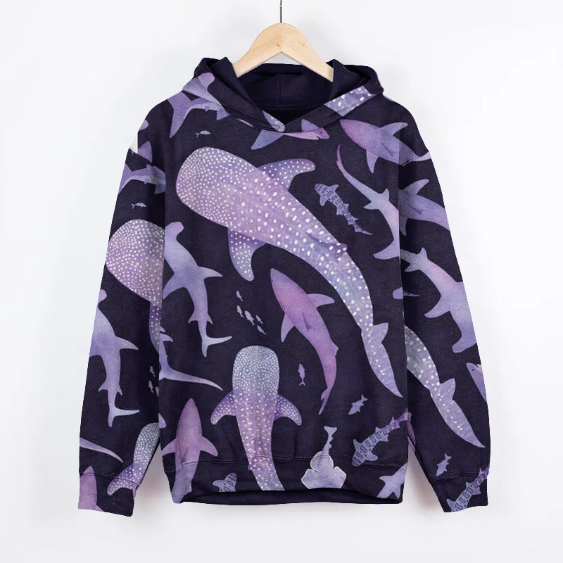 Unisex Watercolor Whale Shark Art Print Long Sleeved Hoodie - Purple - US44-46(8XL) - image 5