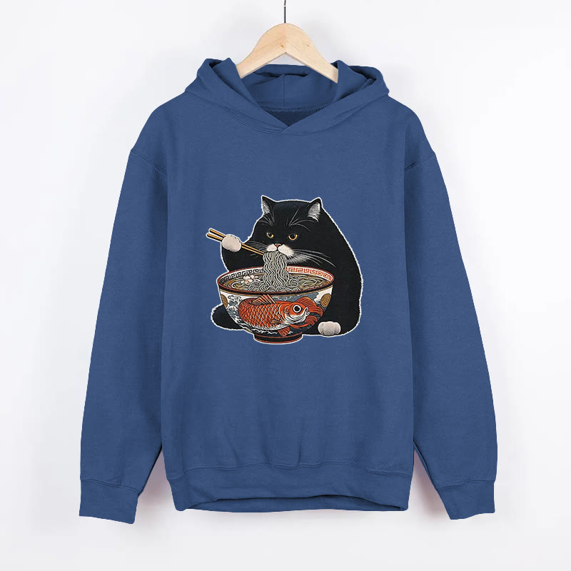 Unisex Fat Cat Eating Ramen Pattern Long Sleeved Hoodie - Dark Blue - US44-46(8XL) - image 4
