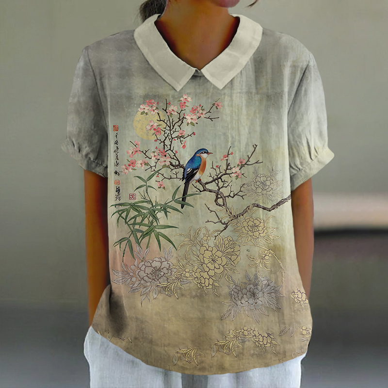 Vintage Floral & Bird Art Print Casual Lapel Loose Blouse - Light Gray - 6XL - image 1