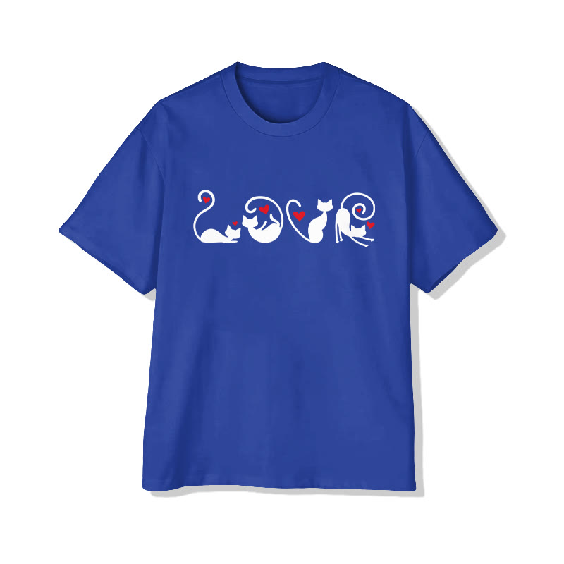Unisex LOVE Heart-shape Cats Print Short Sleeved Crew Neck T-shirt - Blue - 2XL - image 6