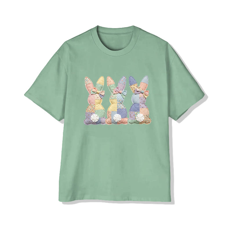 Easter Three Bunnies Garden Flowers Print Pattern Cotton Print T-shirt - Light Green - US16-18(2XL) - image 13
