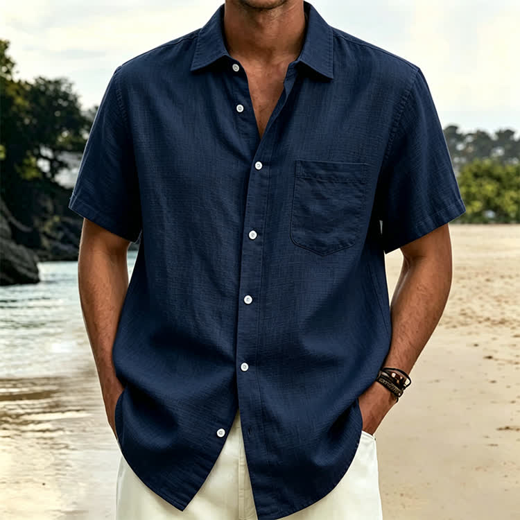 Cozy Solid Texture Button-up Short Sleeve With Pocket Lapel Shirt - Navy Blue - 5XL - image 4