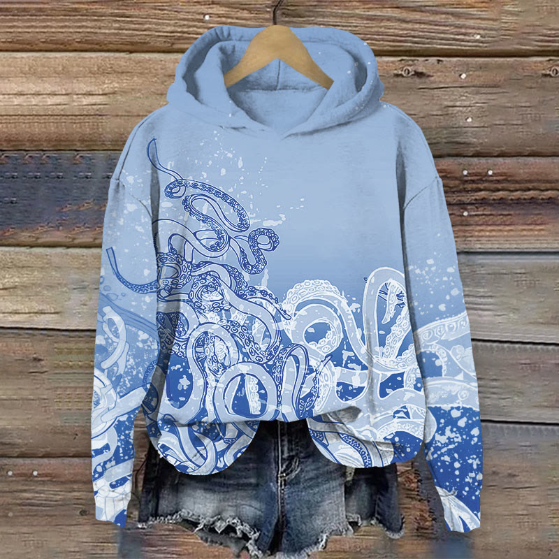 Octopus Print Long Sleeve Hoodie - Light Blue - US44-46(8XL) - image 3