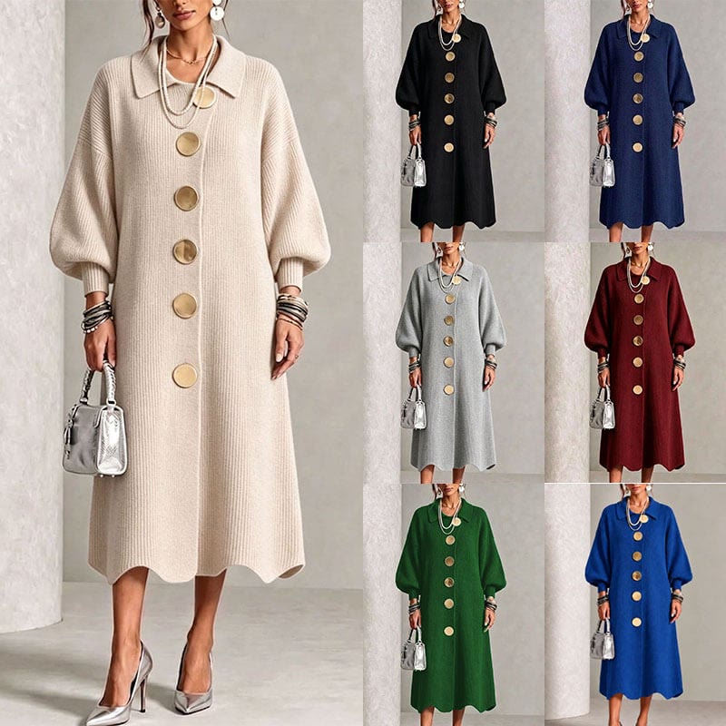Women's Ribbed Knit Midi Cardigan Dress | Lapel Collar Lantern Sleeve, Statement Button Front - image 4