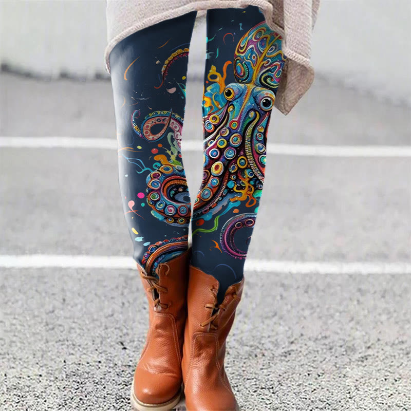 Vintage Rainbow Octopus Art Print Leggings - Navy Blue - 5XL - image 3