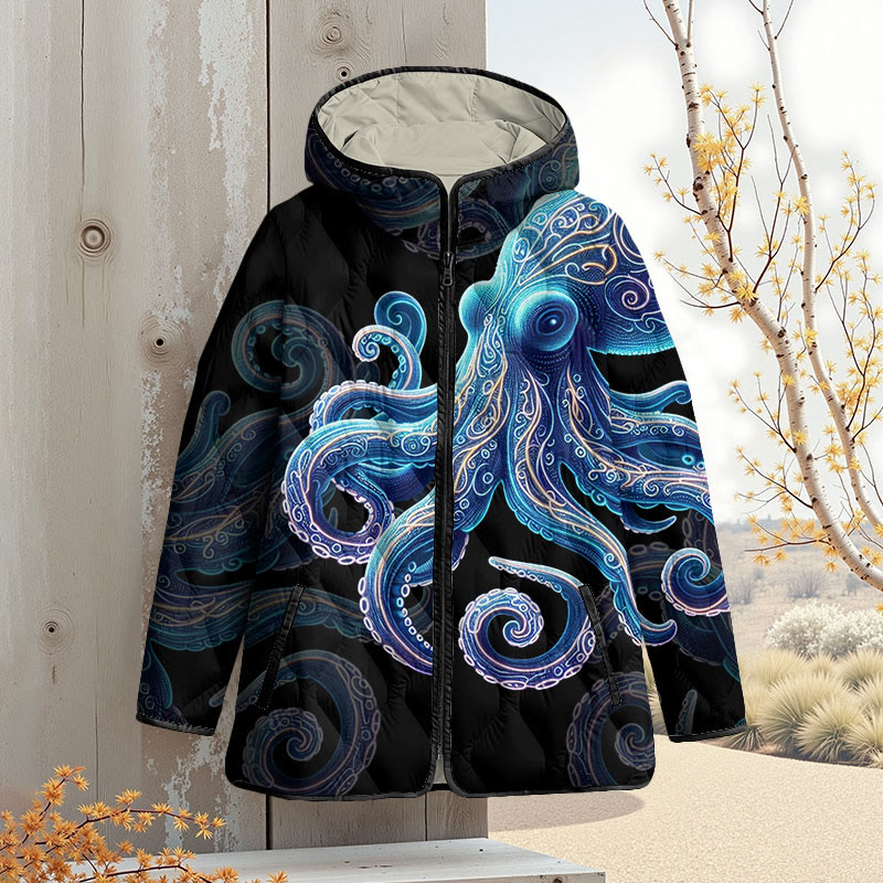Vintage Wise Ocean Octopus Art Print Zipper Jackets - Black - 4XL - image 5