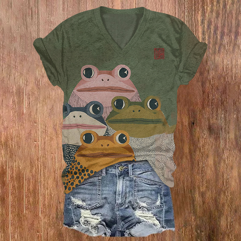Japanese Style Frog Print Short Sleeved V-neck T-shirt - Green - US32-34(5XL) - image 1
