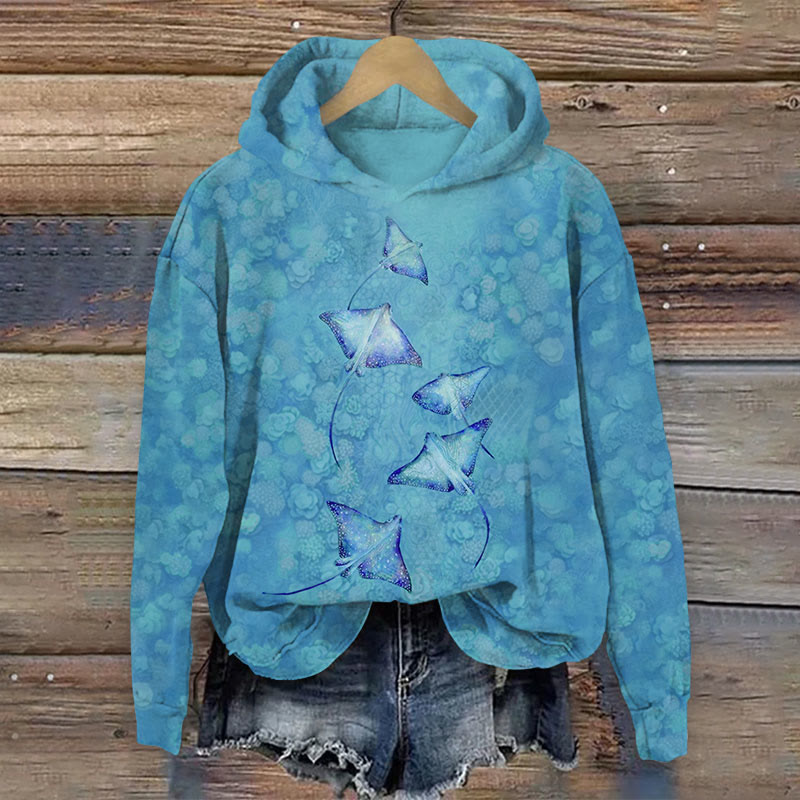 Art Manta Ray With Undersea flowers Print Long Sleeve Hoodie - Lake Blue - US44-46(8XL) - image 4