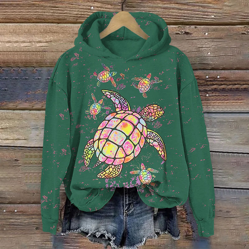 Fantasy Colorful Sea Turtle Art Print Long Sleeve Hoodie - Green - US44-46(8XL) - image 3