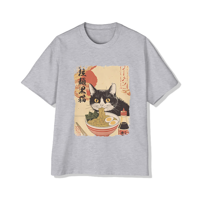 Unisex Japanese Cat Eating Ramen Print Short Sleeved Crew Neck T-shirt - Grey - 2XL - image 4