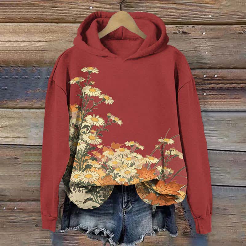 Japanese Oil Painting Sunflower Art Print Long Sleeve Hoodie - Red - US44-46(8XL) - image 4