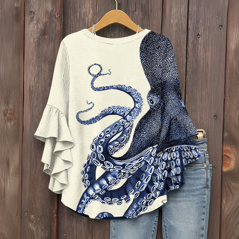 Japanese Art Octopus Graphic Print V-neck Half Sleeve Blouse - image 3