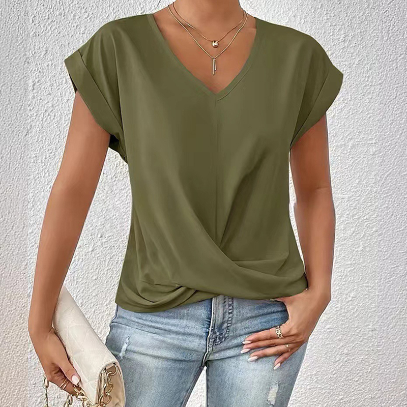 Elegant Solid Overlapping Structure V-neck Flutter-sleeve T-shirt - Olive Green - 3XL - image 14