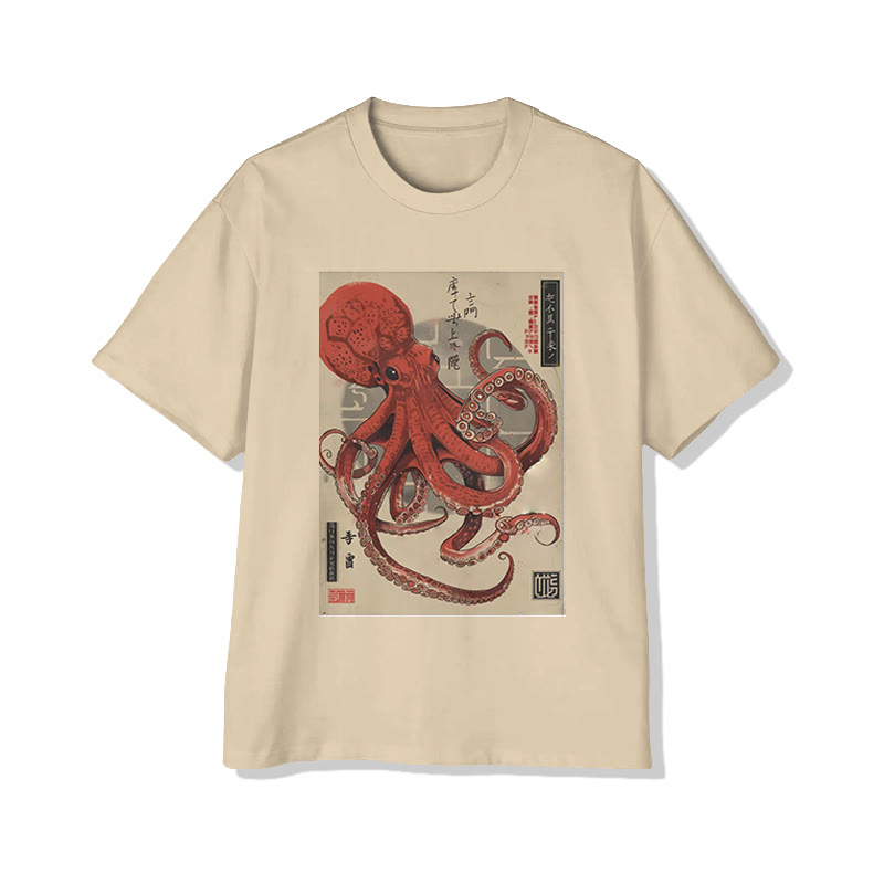 Japanese Vintage Red Octopus Print Short Sleeved Crew Neck T-shirt - Apricot - 2XL - image 3