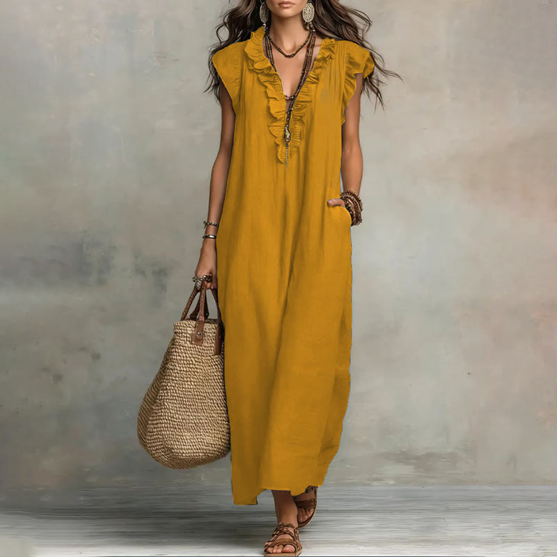 Women's Solid V-neck Sleeveless Ruffled Maxi Dress - Yellow - 2XL - image 5