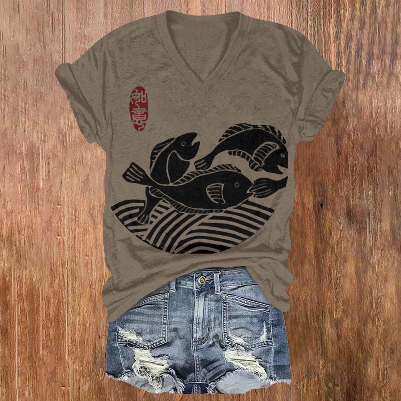 Japanese Zen-style Simple Fish And Waves Printed Short Sleeved V-neck T-shirt - Brown - US32-34(5XL) - image 1