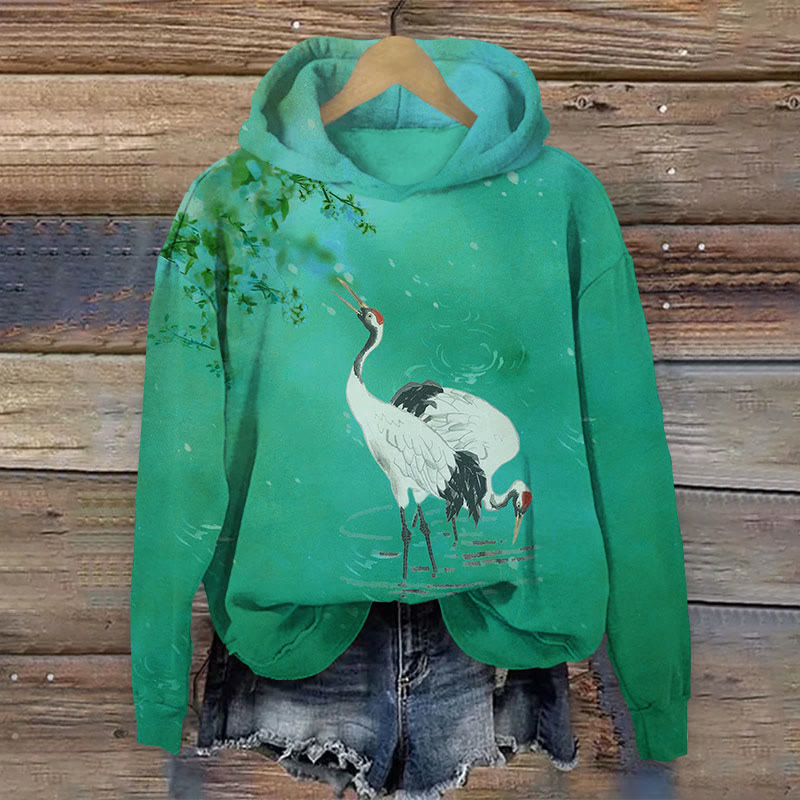  Japanese  Cranes With Bloom Floral Print Long Sleeve Hoodie - Green - US44-46(8XL) - image 3