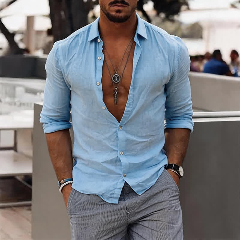 Men's Solid Color Holiday Long Sleeve Shirt - Light Blue - 5XL - image 8