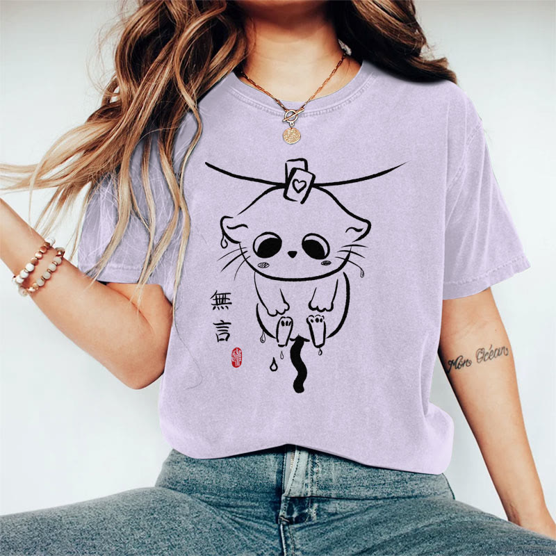 100% Cotton Women's Japanese Poor Cat Hanging On The Line Art Print Casual T-shirt - Purple - 2XL - image 3
