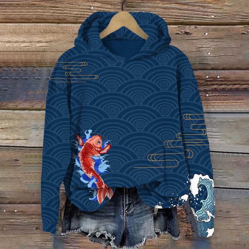 Japanese Koi With Shell & Cloud Patterns Print Long Sleeve Hoodie - Blue - US44-46(8XL) - image 1