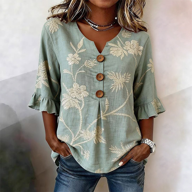 Boho Floral Print Button V-neck Blouse With Ruffle Sleeves - Green - 3XL - image 1