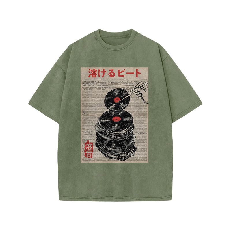 Japanese Retro Vinyl Records Pattern Print Acid Washed T-shirt - Army Green - US20-22(3XL) - image 5