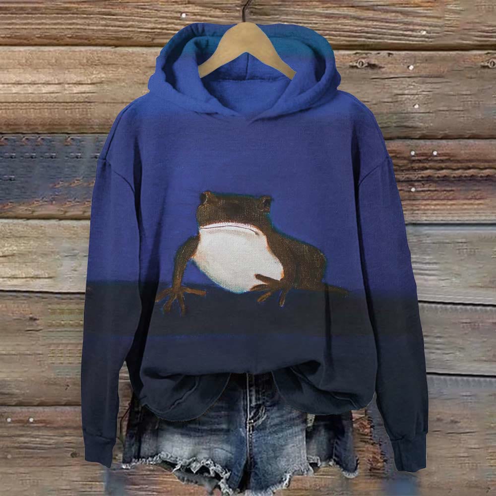 Vintage Color Block Frog Print Hoodie