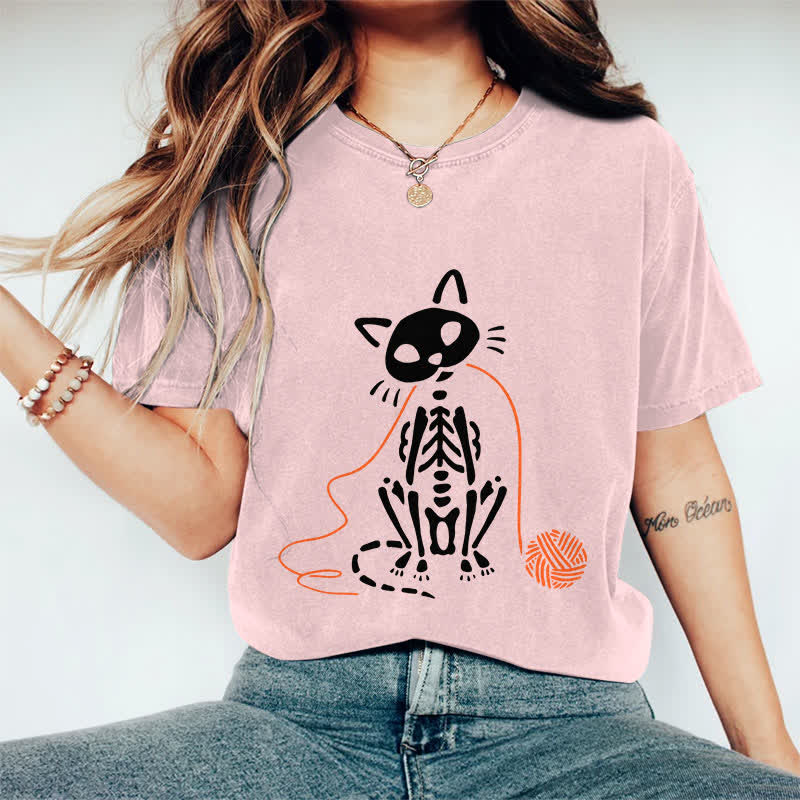 100% Cotton Women's Creative Skeleton Cat Playing Ball Of Yarn Art Print Casual T-shirt - Pink - 2XL - image 11