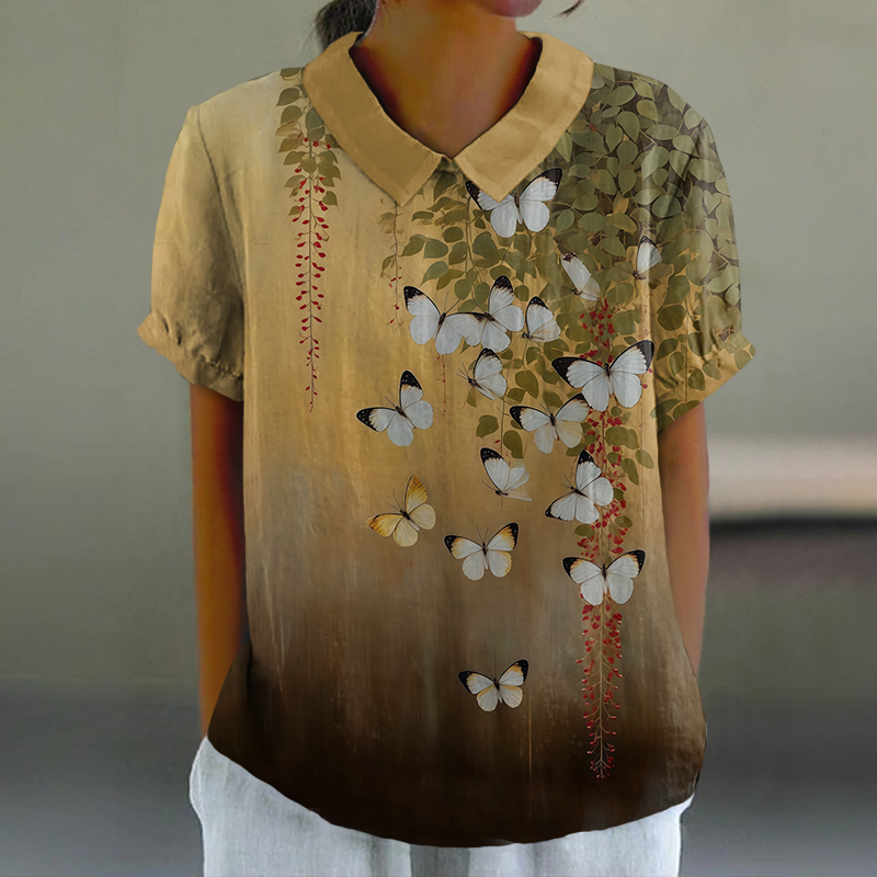 Vintage White Butterfly Art Print Casual Lapel Loose Blouse - Yellow - 6XL - image 1