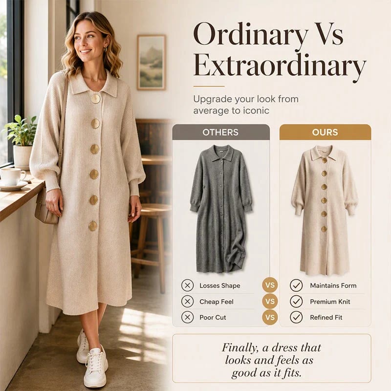 Women's Ribbed Knit Midi Cardigan Dress | Lapel Collar Lantern Sleeve, Statement Button Front - image 7