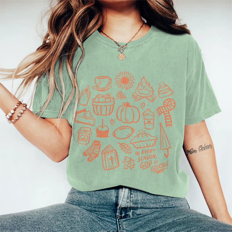 100% Cotton Women's In Every Season, God Is Good! Art Print Casual T-shirt - Green - 2XL - image 10
