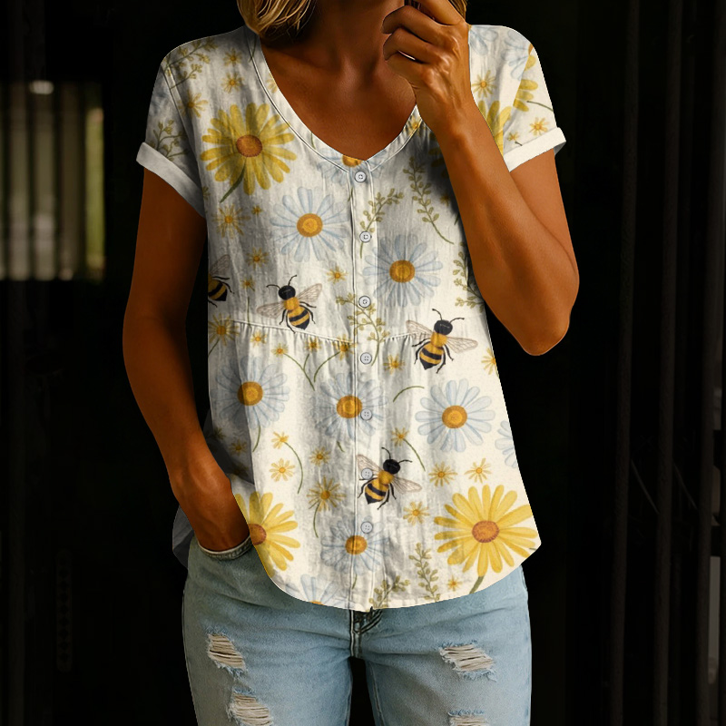 Colored Sunflower & Bee Art Print Button V-neck A-line Short-sleeve Blouse - Beige - 4XL - image 1