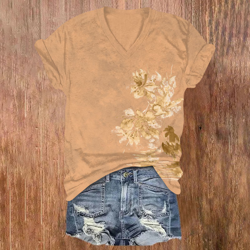 Watercolor Floral Print V-neck T-shirt - Yellow - US32-34(5XL) - image 3