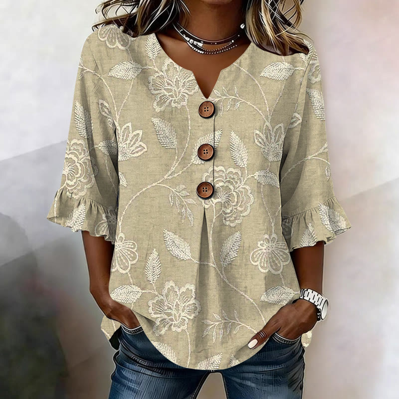 Vintage Elegant Floral Lines Pattern Print Button V-neck Blouse With Ruffle Sleeves - Apricot - US32-34(5XL) - image 5