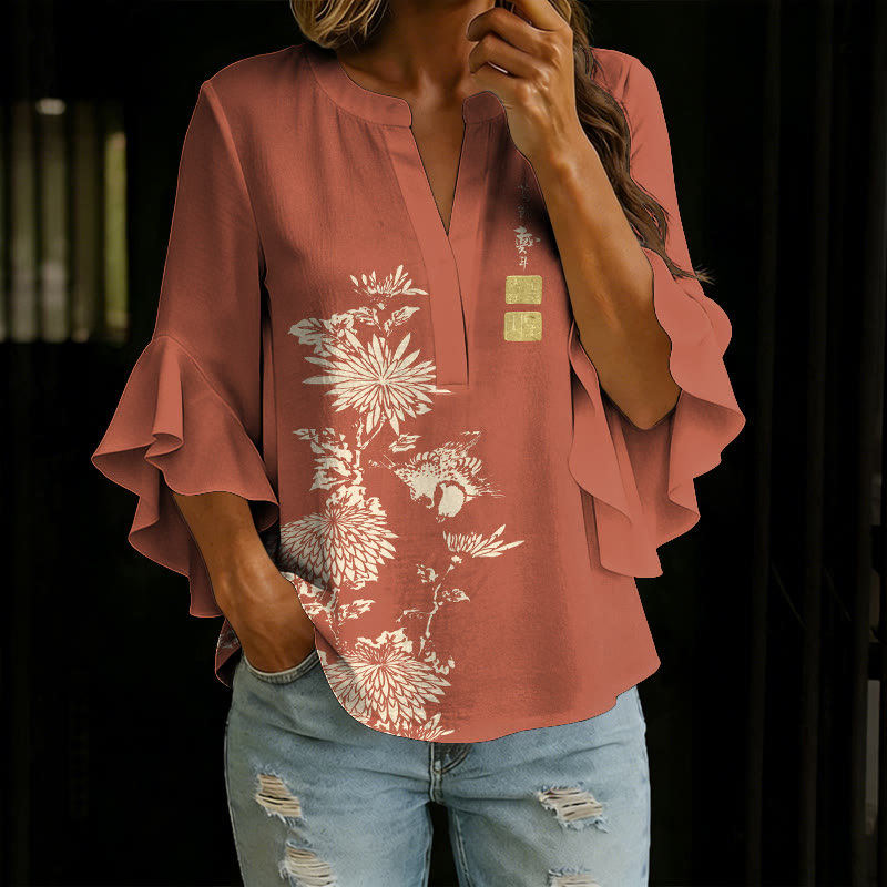 Vintage Chrysanthemum Printed V-neck Half Sleeve Blouse - Orange - 5XL - image 4