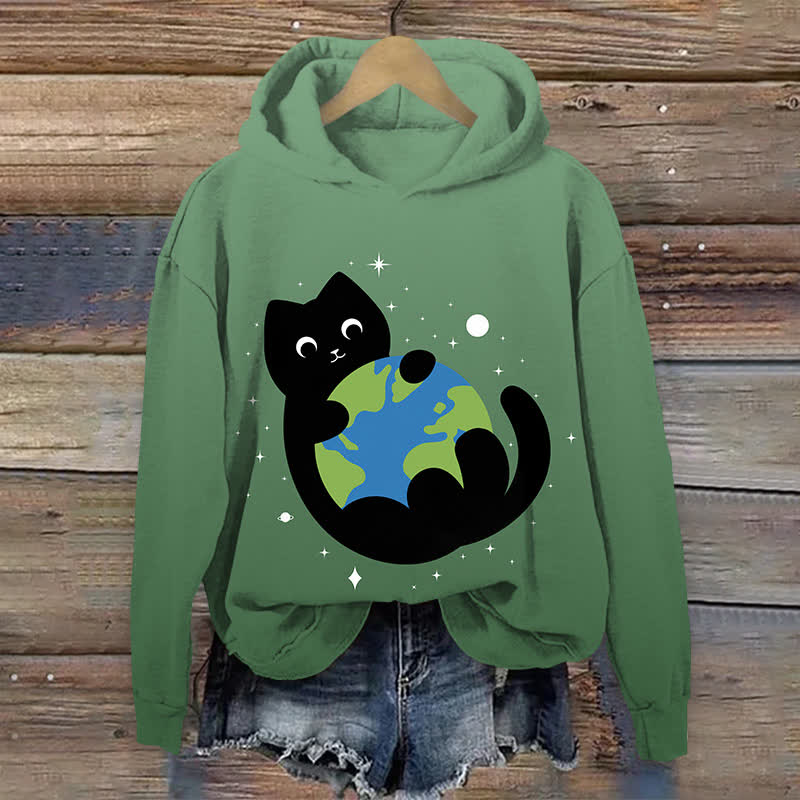 Japanese Lovely Black Cat Holding The Earth Art Print Long Sleeve Hoodie - Ombre Green - US44-46(8XL) - image 7