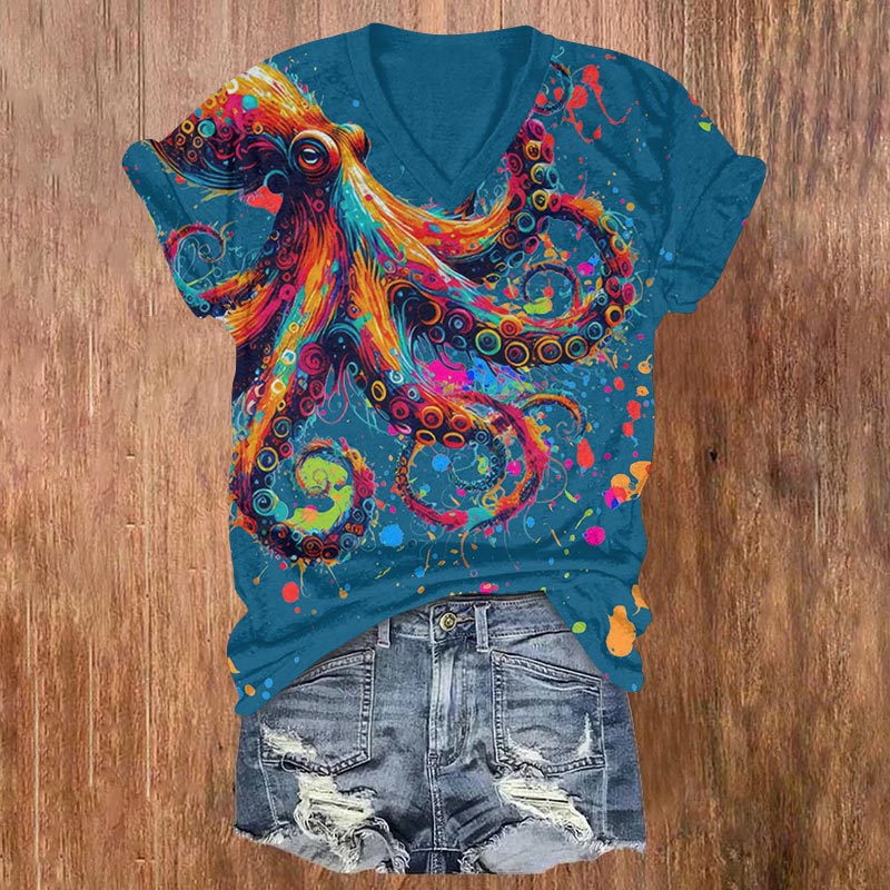 Colorful Ink Painting Of Octopus Print V-neck T-shirt - Green - US32-34(5XL) - image 6