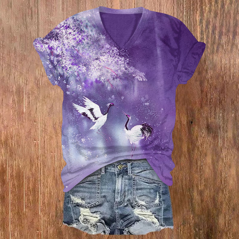 Japanese Cranes Play Under Bloom Floral Print V-neck T-shirt - Purple - US32-34(5XL) - image 4