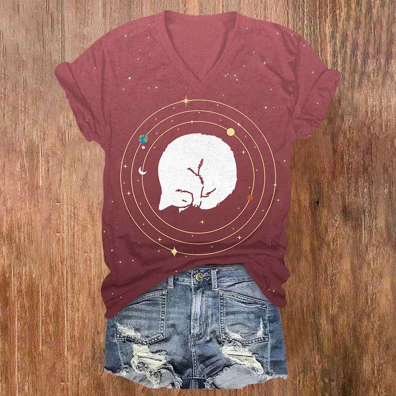 Vintage Planet Sleeping Cat Print V-neck T-shirt - Red - US32-34(5XL) - image 6