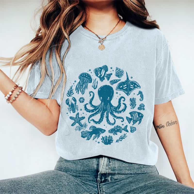 100% Cotton Japanese Cartoon Ocean Animals Art T-shirt - Light Blue - 2XL - image 4