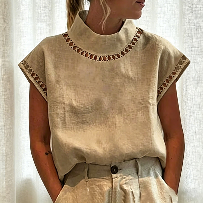 Solid Openwork Lace Splicing Stand Collar Flutter Sleeves Blouse - Khaki - 4XL - image 4