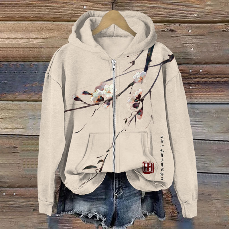 Vintage Plum Blossom Art Print Long Sleeve Zipper Hoodie - Khaki - US28-30(4XL) - image 4