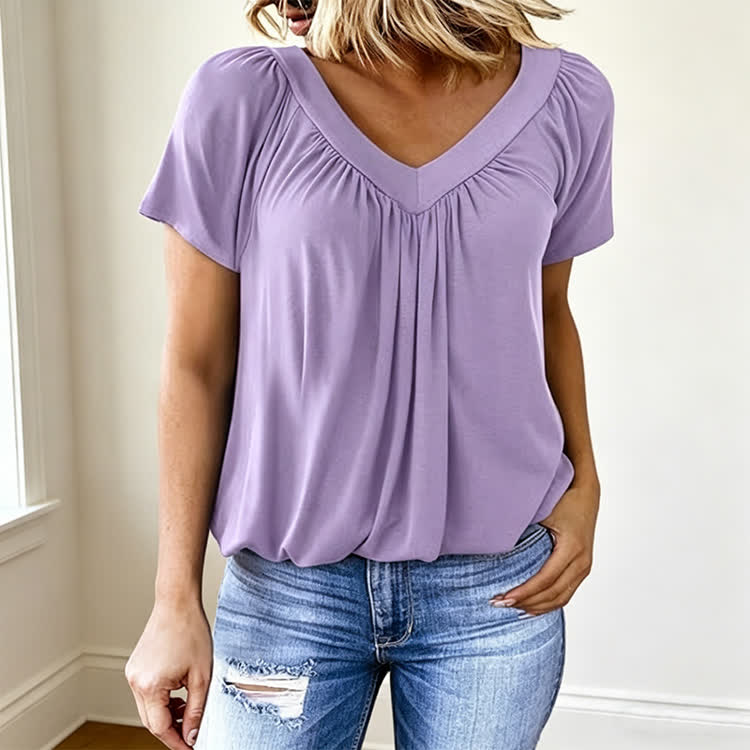 Elegant Cozy Solid Pleated Stretch Short Sleeved V-neck T-shirt - Light Purple - 3XL - image 19