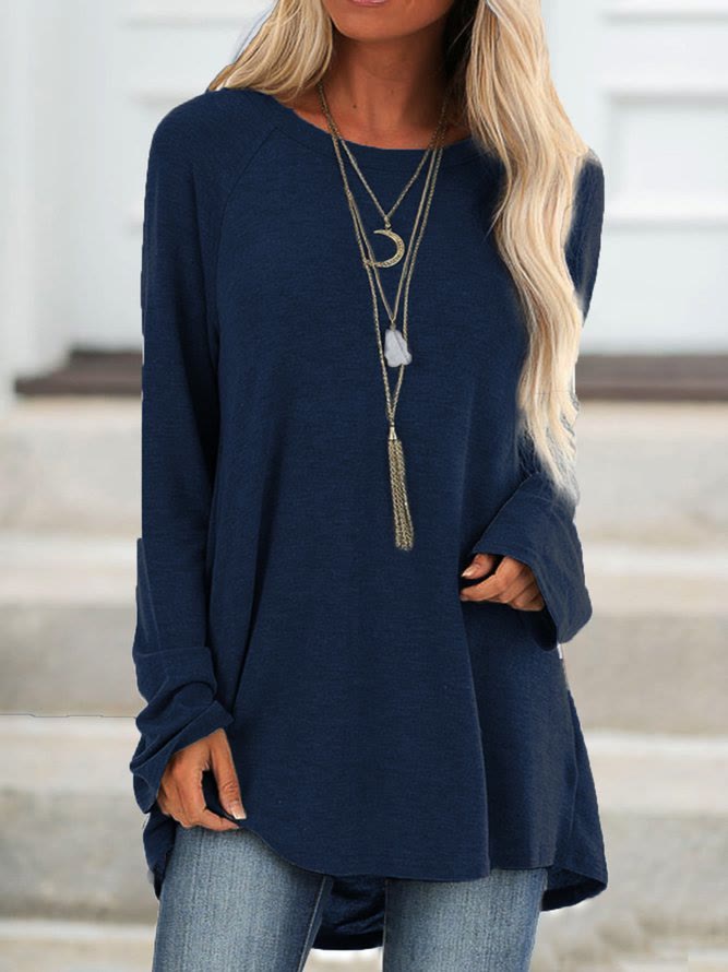 Women's Plus Size Solid Color Round Neck Long Sleeve Casual Tunic Top  - Navy Blue - 5XL - image 11