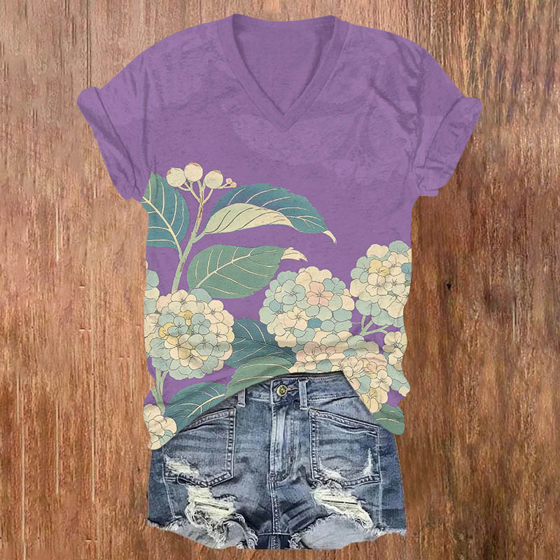Vintage Cartoon Hydrangea Art Print V-neck T-shirt - Purple - US32-34(5XL) - image 3