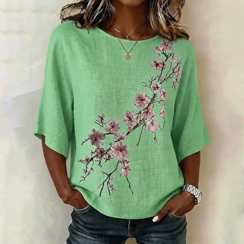  Vintage Elegant Plum Bossom Pattern Print Half Sleeve Casual Blouse - Green - US 28-30 (4XL) - image 4