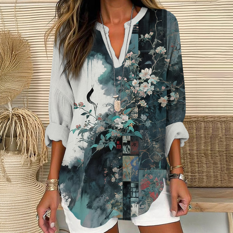 Ancient-style Ink Painting Floral Art Print V Neck Long Sleeve Blouse - Dark Green - 8XL - image 1