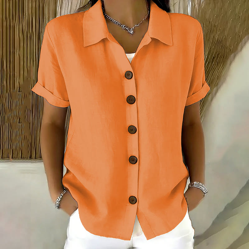 Elegant Solid Collared Button-up Short-sleeve Blouse - Orange - 3XL - image 6