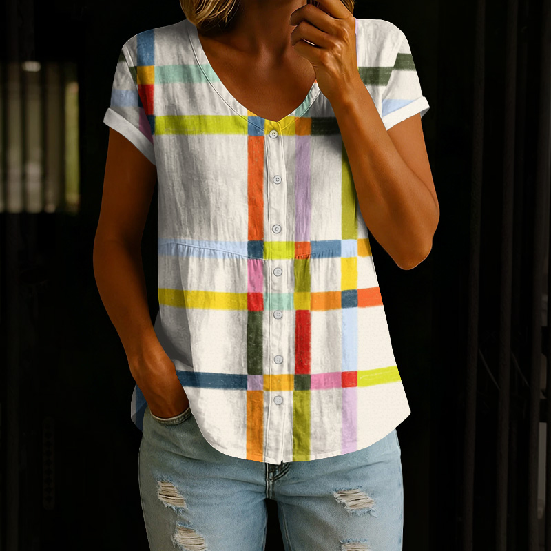 Vintage Colorful Striped Block Art Print Button V-neck A-line Short-sleeve Blouse - Beige - 4XL - image 1